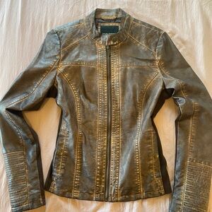 Chic Biker Brown Leather Jacket with Ruching on Sleeves Maurice’s